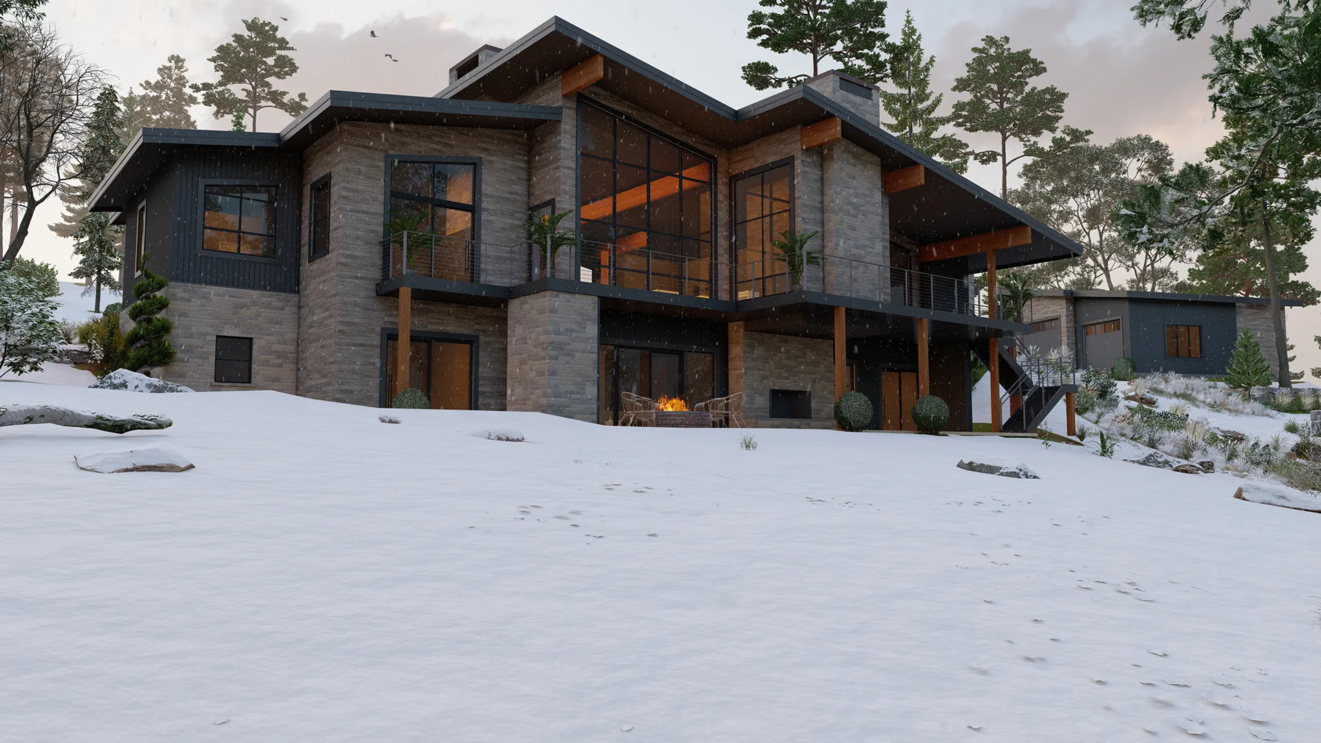 Photorealistic exterior visualization of a contemporary mountain residence in winter